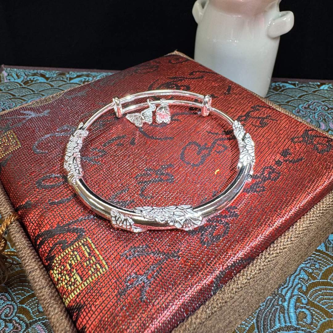 【T】足银手镯 繁花似锦推拉手镯 SZ0010