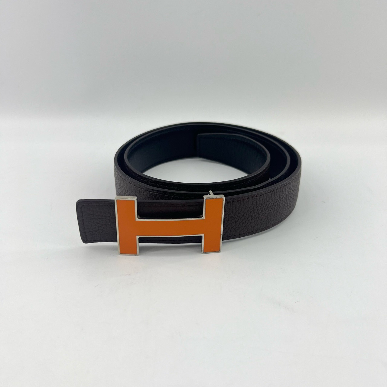 95新 Hermes/爱马仕 棕色皮革金属logo字母舒适腰带