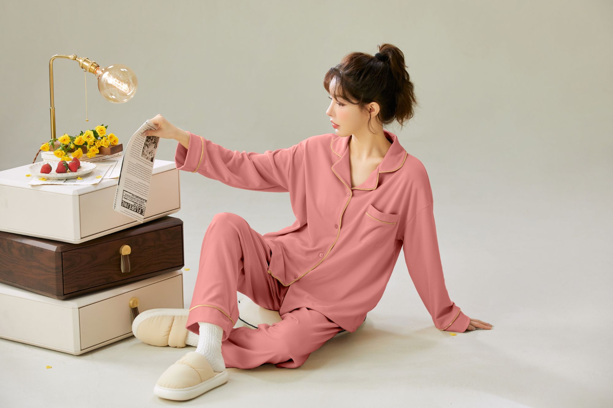 冬季长袖女士家居服套装羽毛睡衣皮筋翻领厚款