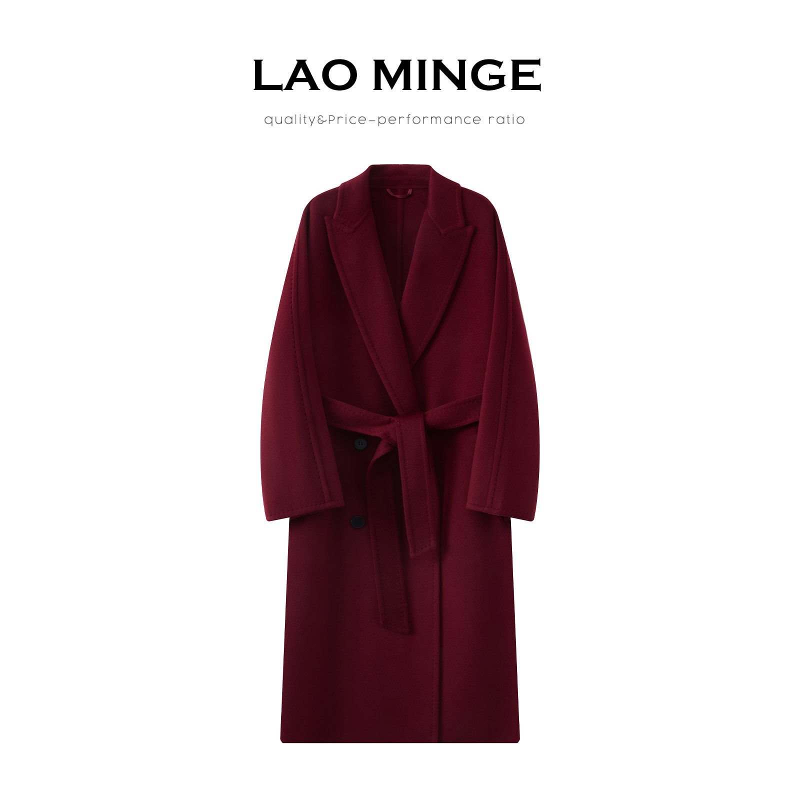 老敏哥100山羊绒红色双面呢大衣女高级感宽松系带毛呢外套YR58107