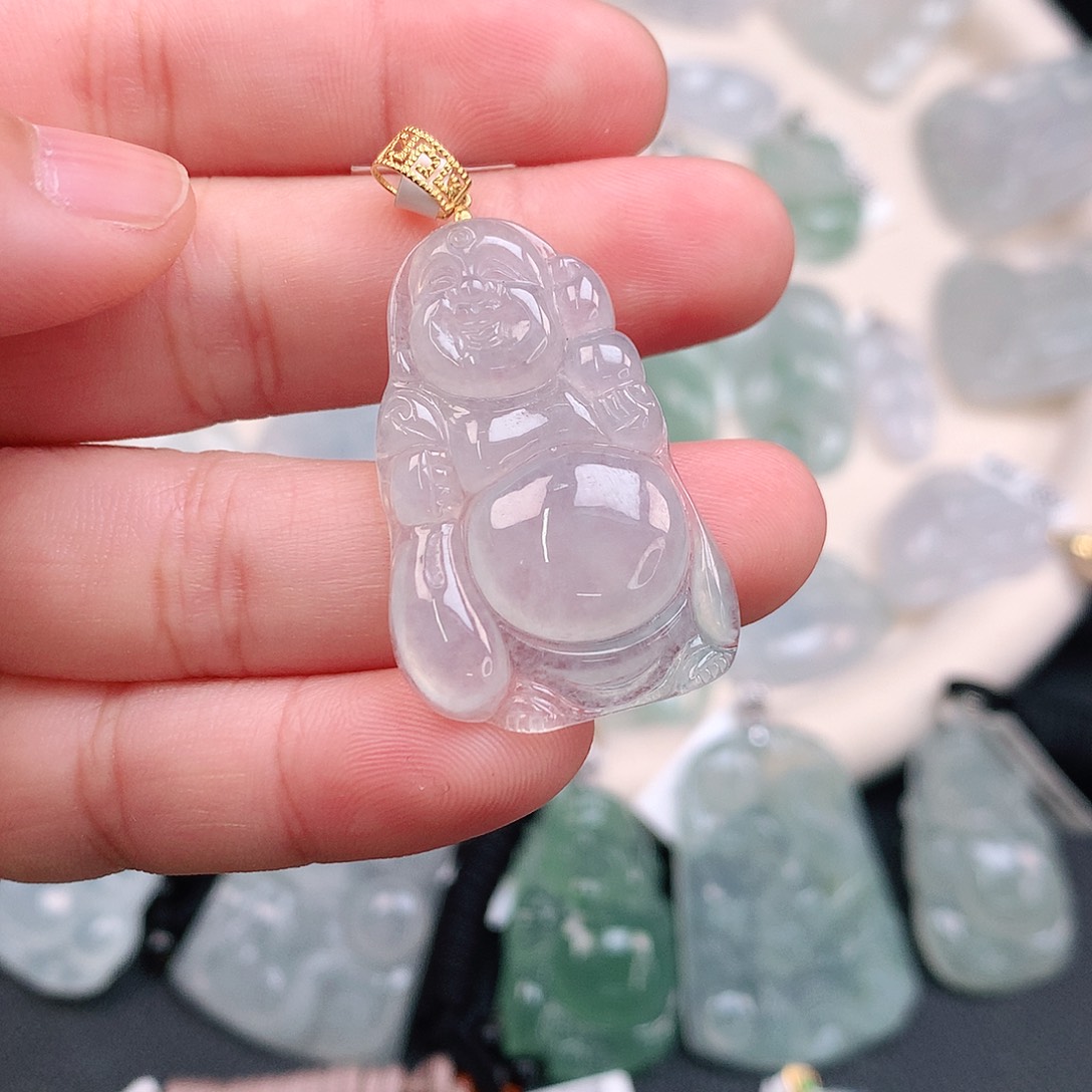 翡翠颈饰18K金镶嵌冰胶布袋佛