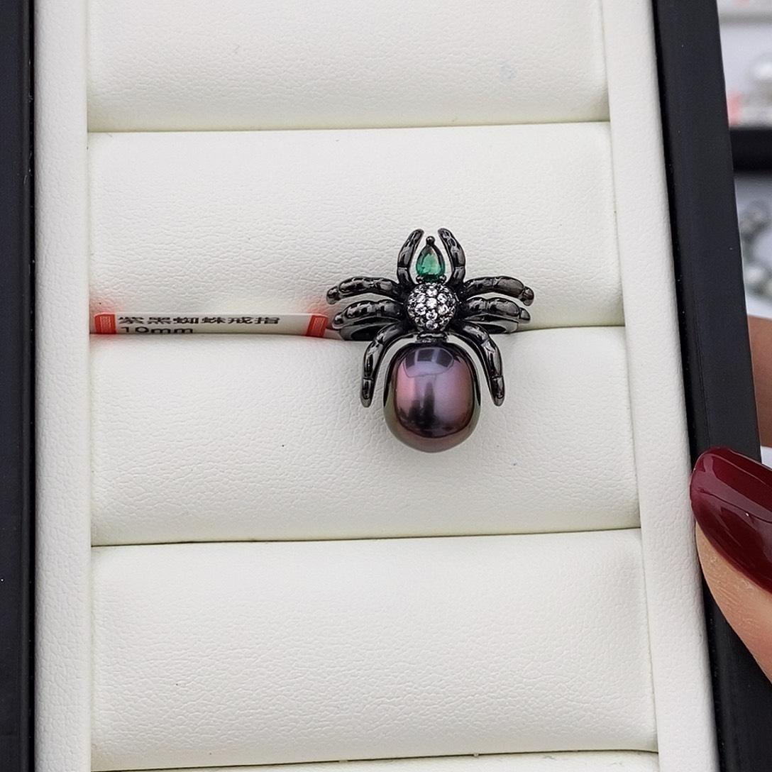 海水珍珠银S925镶嵌戒圈大溪地蜘蛛戒指10mm特价不退换