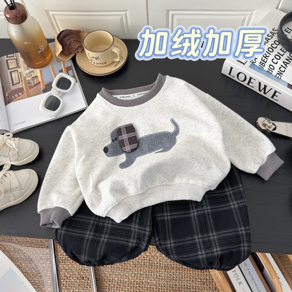【加绒加厚】韩系可爱卡通卫衣套装2025新款男宝宝宽松上衣休闲裤潮