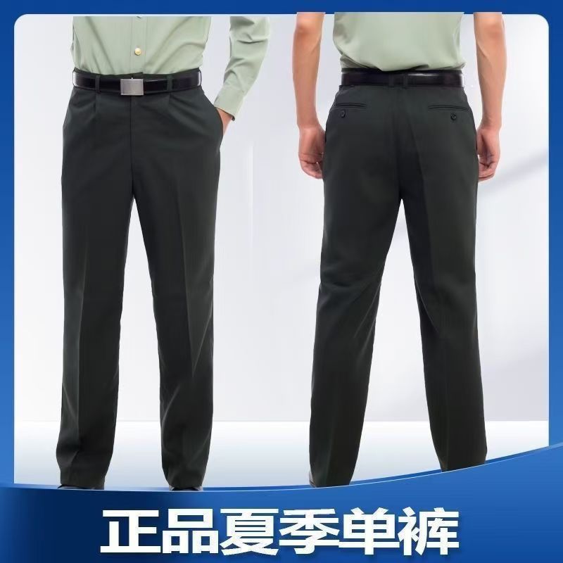 正品夏季带屁兜军绿麻纱斜纹宽松直筒商务休闲防皱免烫户外工装裤