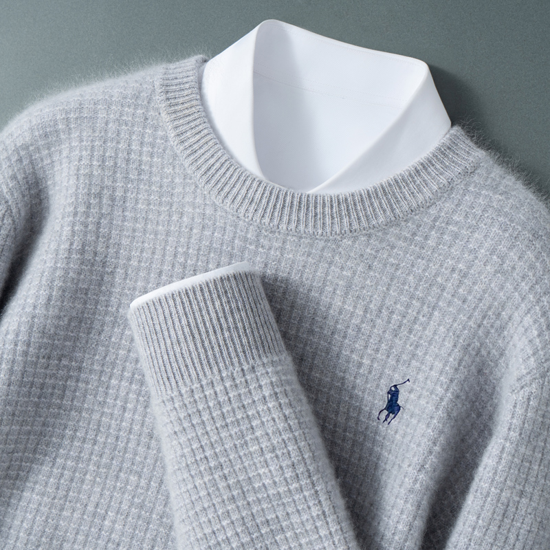 秋冬新款七针加厚圆领小方格男士羊毛衫毛衣套头针织衫