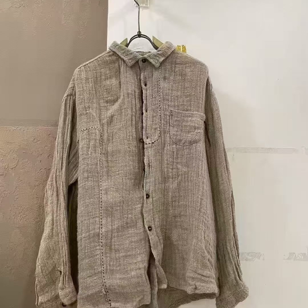 文艺粗麻范皱料长袖衬衫宽松设计春夏上衣