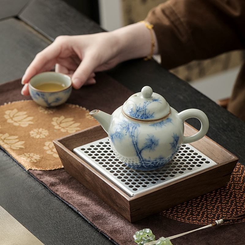 国风汝窑青花茶壶可养开片单壶陶瓷功夫茶具过滤高档泡茶壶不烫手