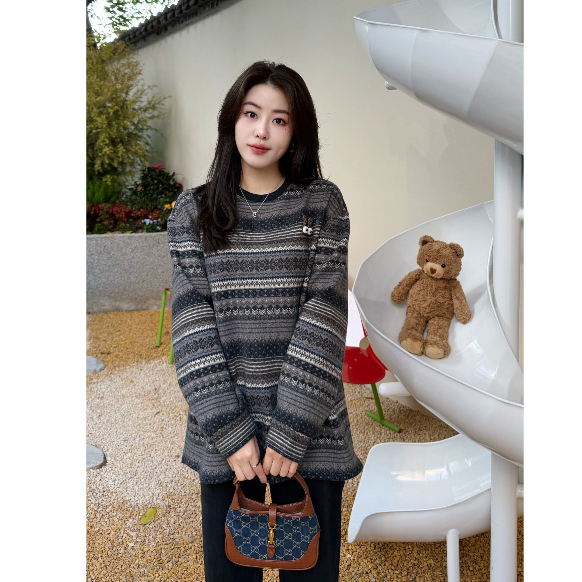 印花条纹兔子耳朵加厚大版T恤