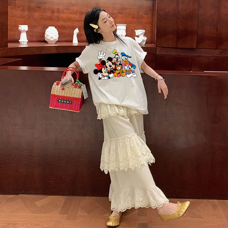 港风ins米奇前后图案百搭t恤洋气上衣女装纯棉短袖出游服装情侣装
