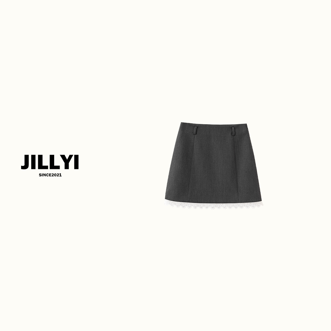 JILLYI珠海店【松茶可可】深灰色拼色白色蕾丝下摆高腰时尚百搭半身