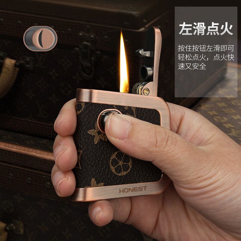 高颜值时尚大气整皮包裹一键按压弹射复古打火机高档礼物