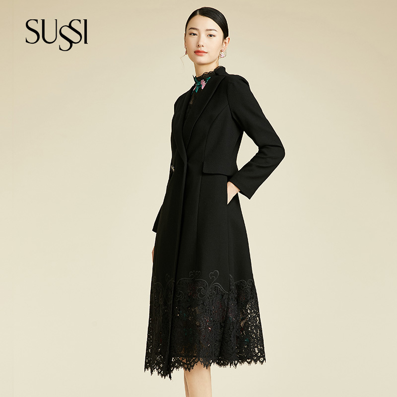 SUSSI/古色24秋冬商场同款黑色蕾丝大衣中长款外套女