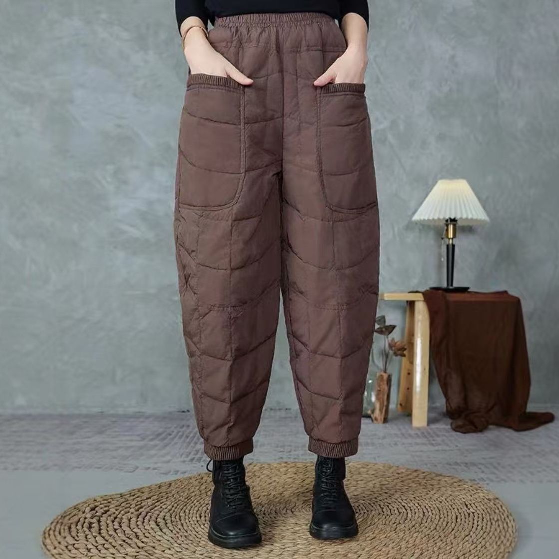 2025年秋冬休闲加厚哈伦裤女高腰显瘦拼接棉裤宽松百搭休闲束脚裤