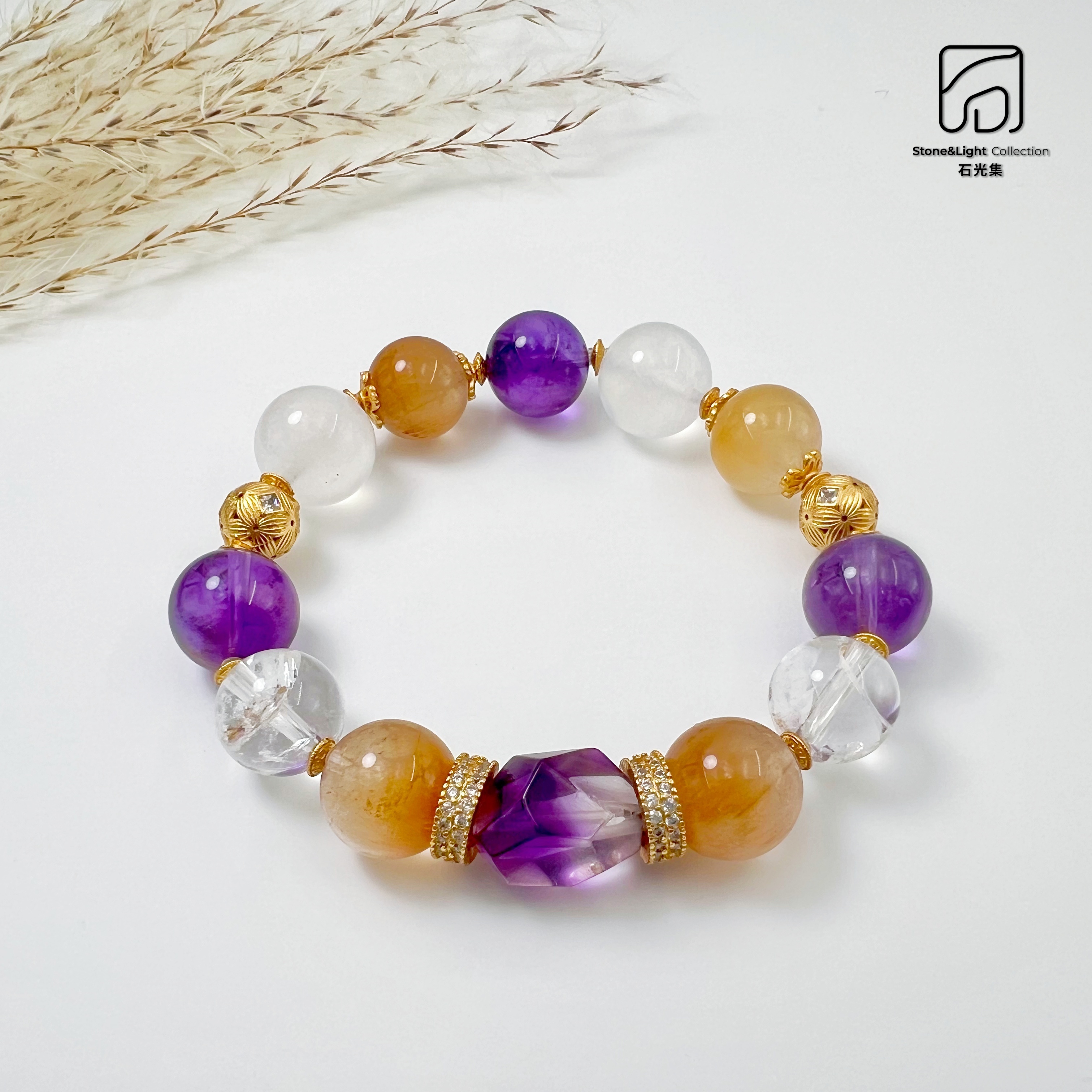 石光集『金禧』月光石 兔毛 紫水晶 手链 SGJ111705多样性发其一