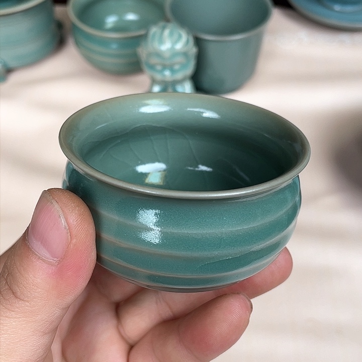 杯子青绿釉 小号弦纹杯70-80毫升