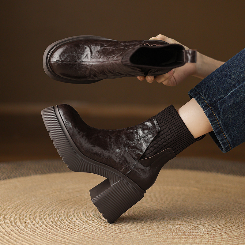 羊皮/10cm/2025新款女鞋小个子百搭真皮粗跟厚底增高跟瘦瘦靴