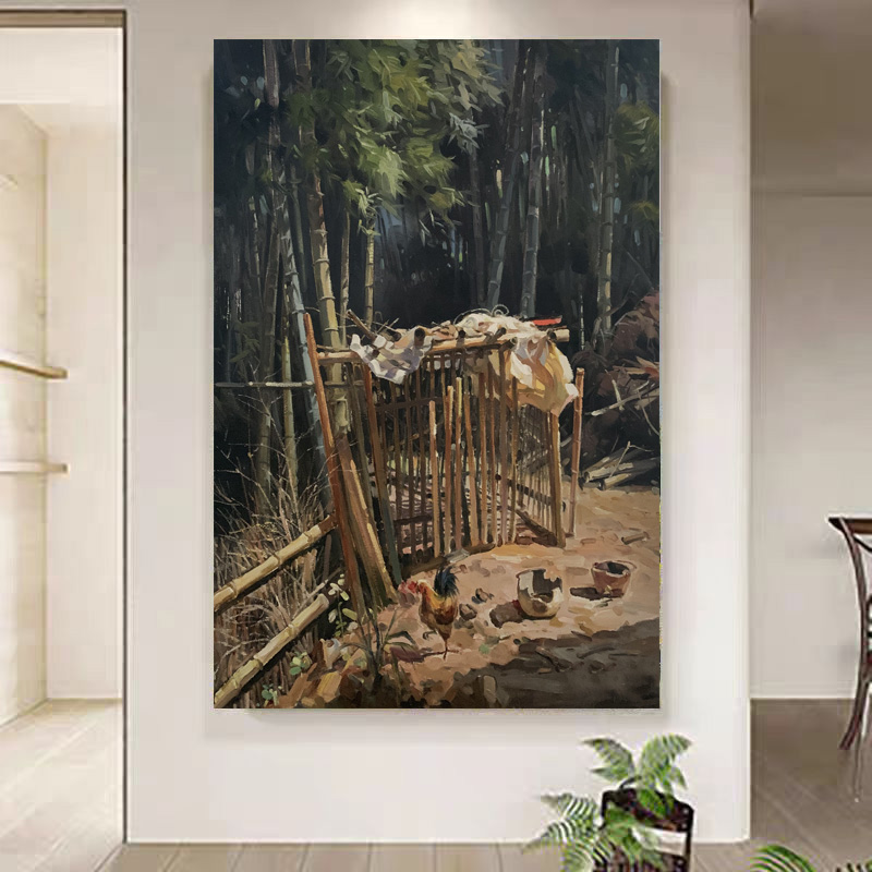 定金《竹荫鸡舍》68*96含内框，刘春建手绘油画装饰画客厅背景墙挂画