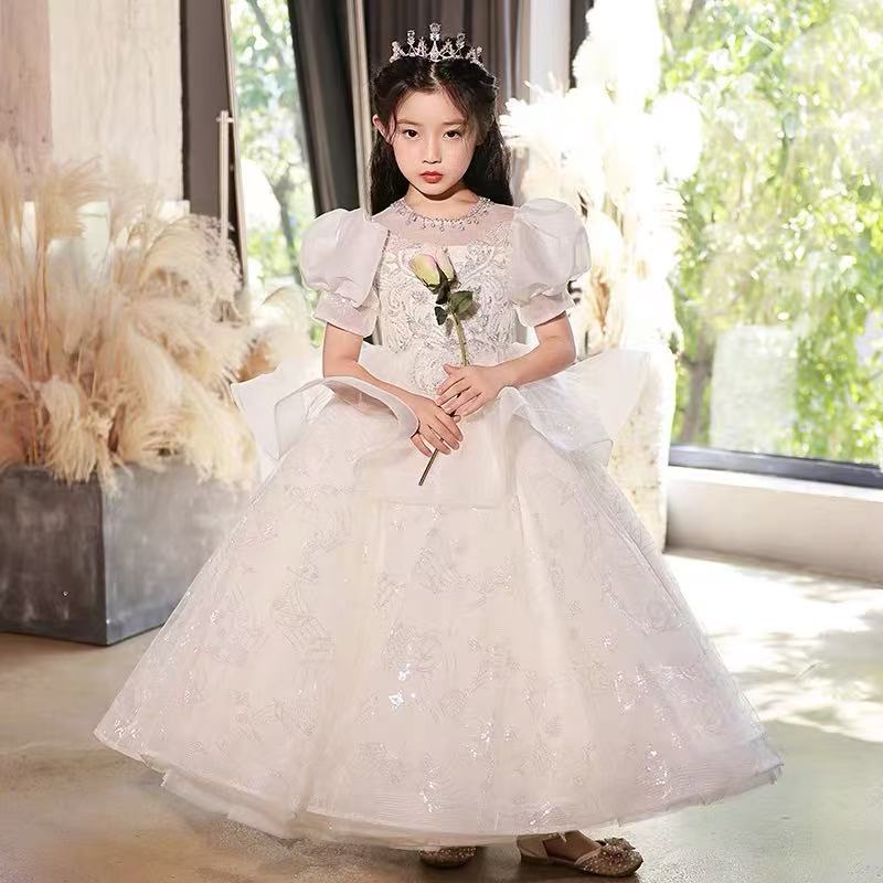 白雪公主儿童晚礼服中大女童白色婚纱花童主持表演钢琴公主礼服裙