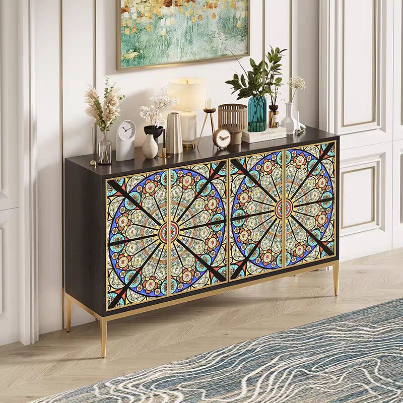 轻奢风餐边柜现代简约客厅靠墙柜子大容量储物柜玻璃彩绘玄关柜