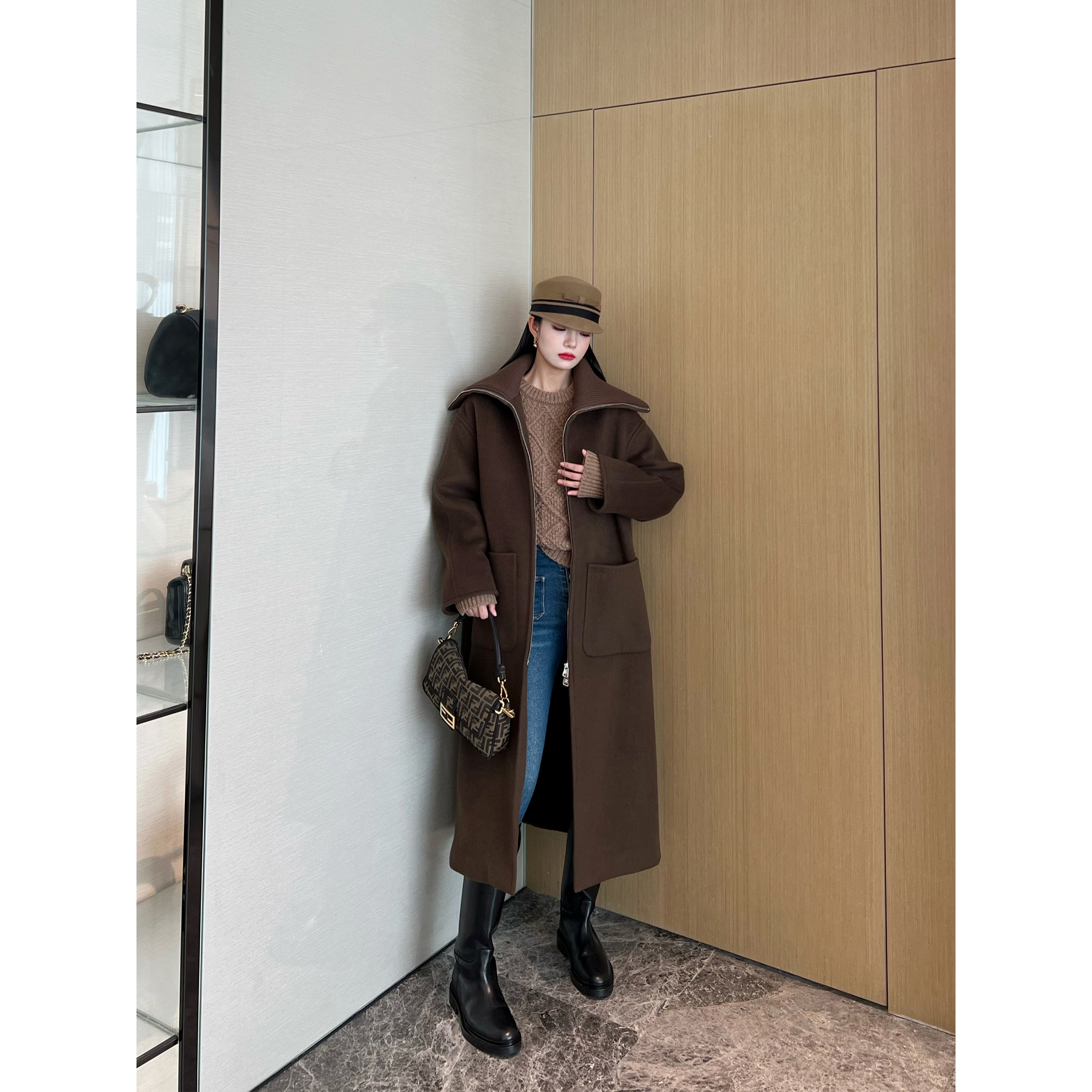 NancyCavally经典藏品 驼绒缎光水波纹针织翻领CE廓形毛呢大衣女