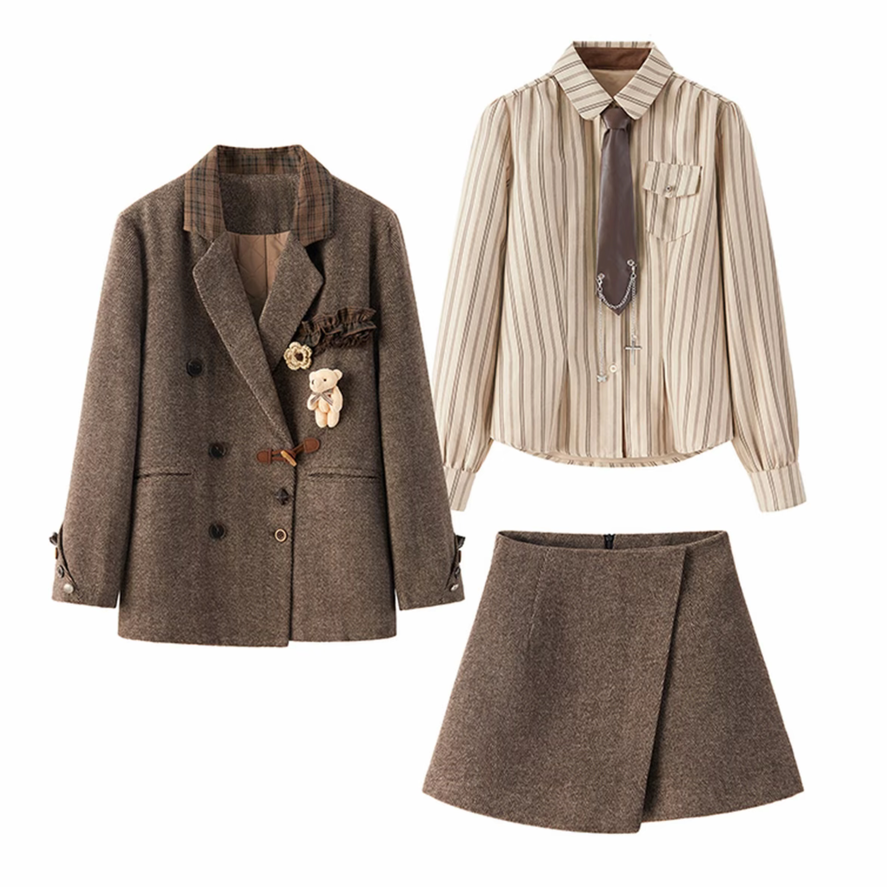 学院风咖色纽扣长袖西装外套女秋季复古显瘦短裤裙套装