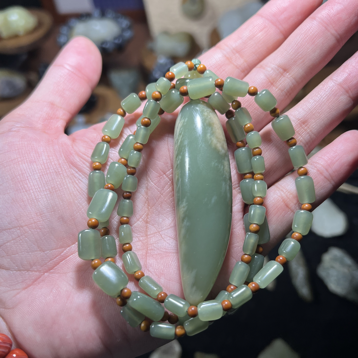 岫岩河磨玉手工编织随形珠链吊坠项链颈饰吊坠挂绳