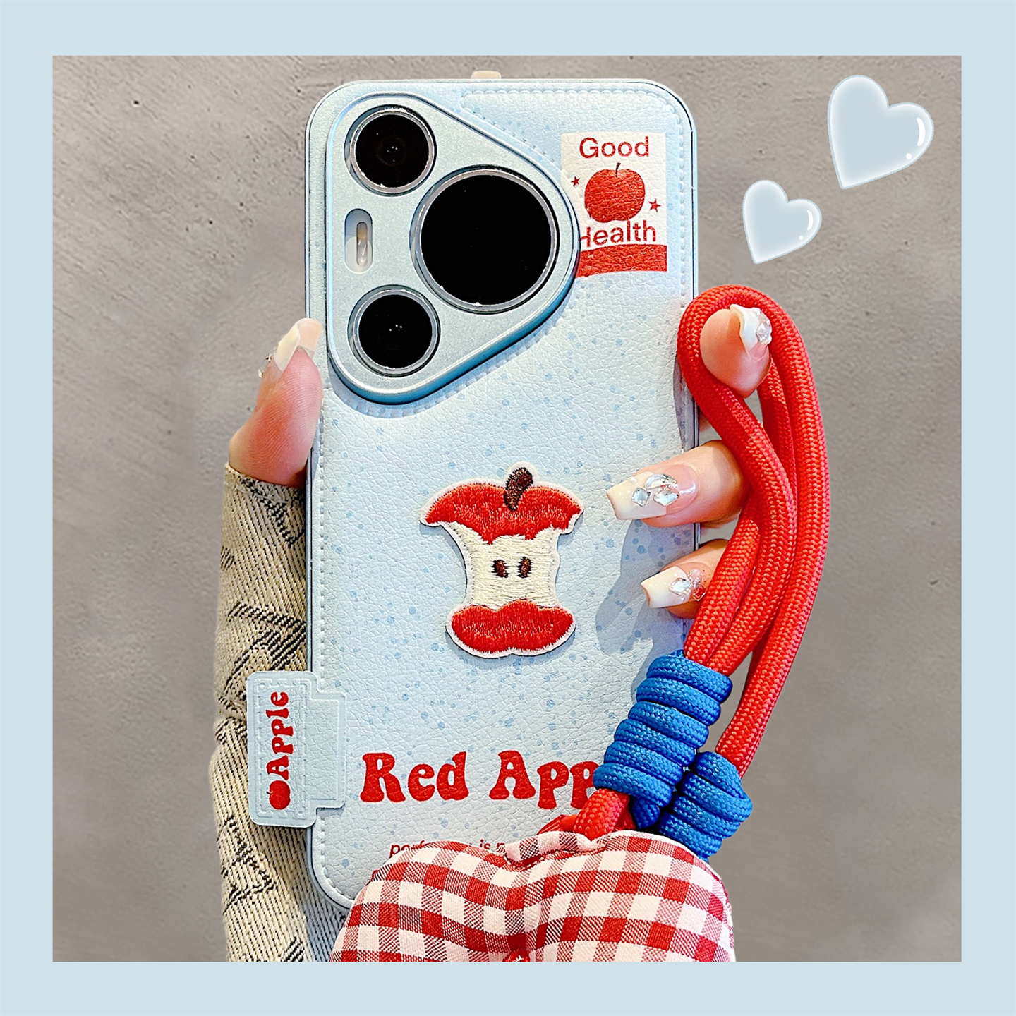 适用华为pura70pro+手机壳70Ultra日韩ins风蓝色泼墨刺绣红苹果