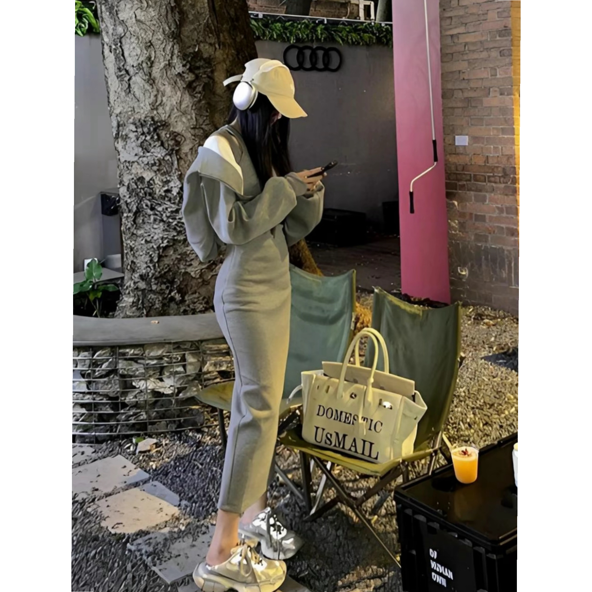 秋季运动卫衣帽衫女外套休闲百搭灰色长款吊带连衣裙两件套套装