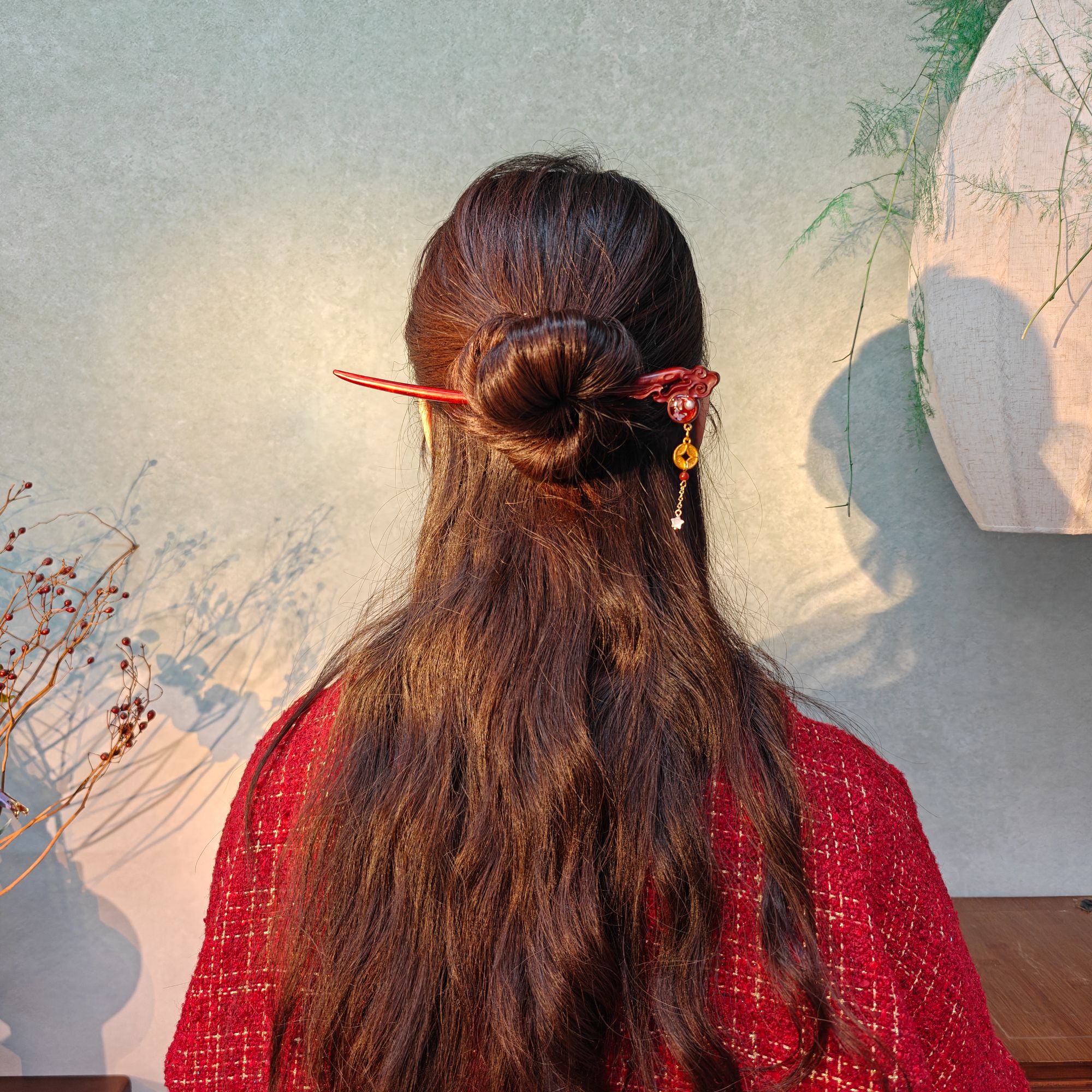 【拨云弄日】手工非遗螺钿簪犀角紫檀木喜庆新年日常大方