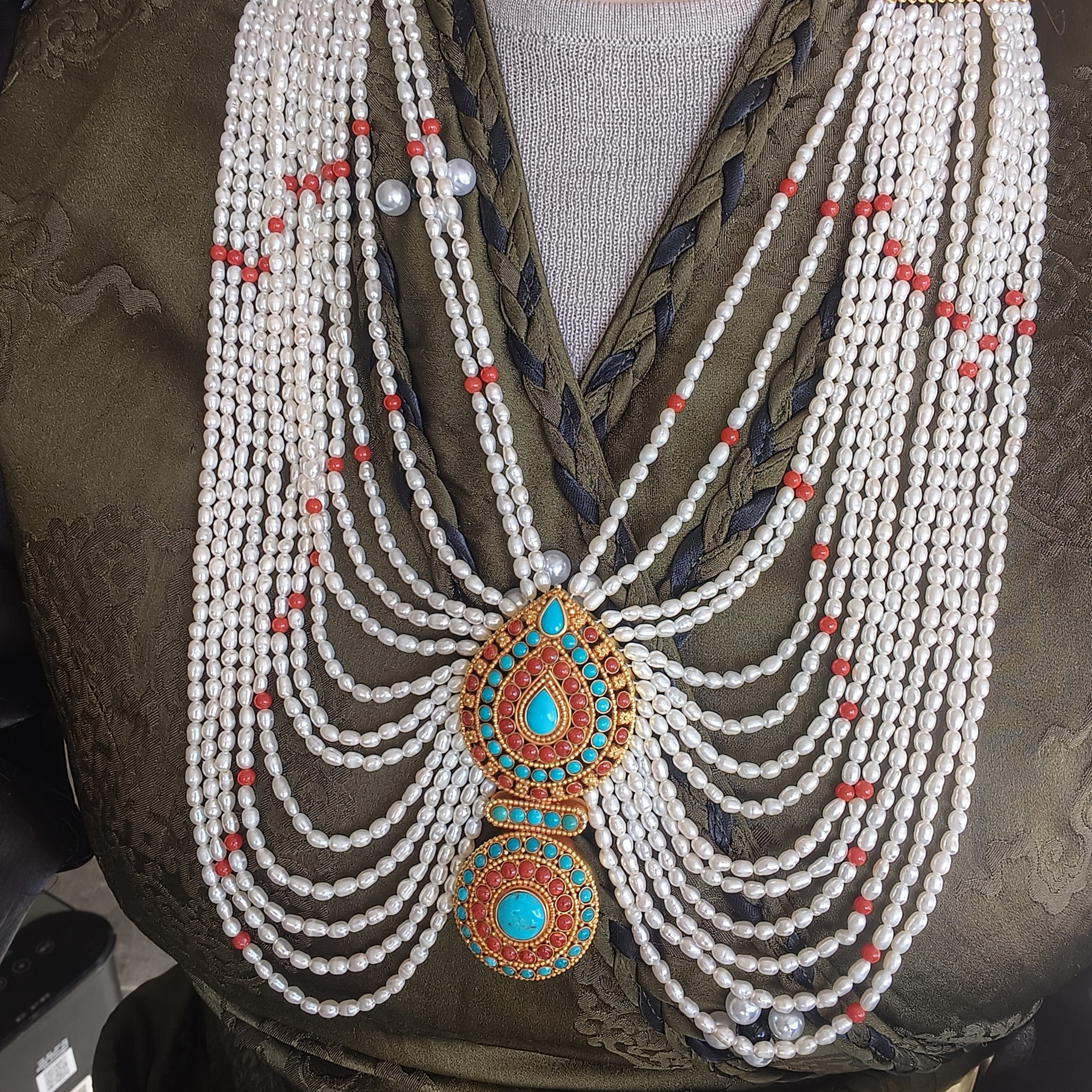 坠链均925银大理石 尼泊尔精工银镀金大项链