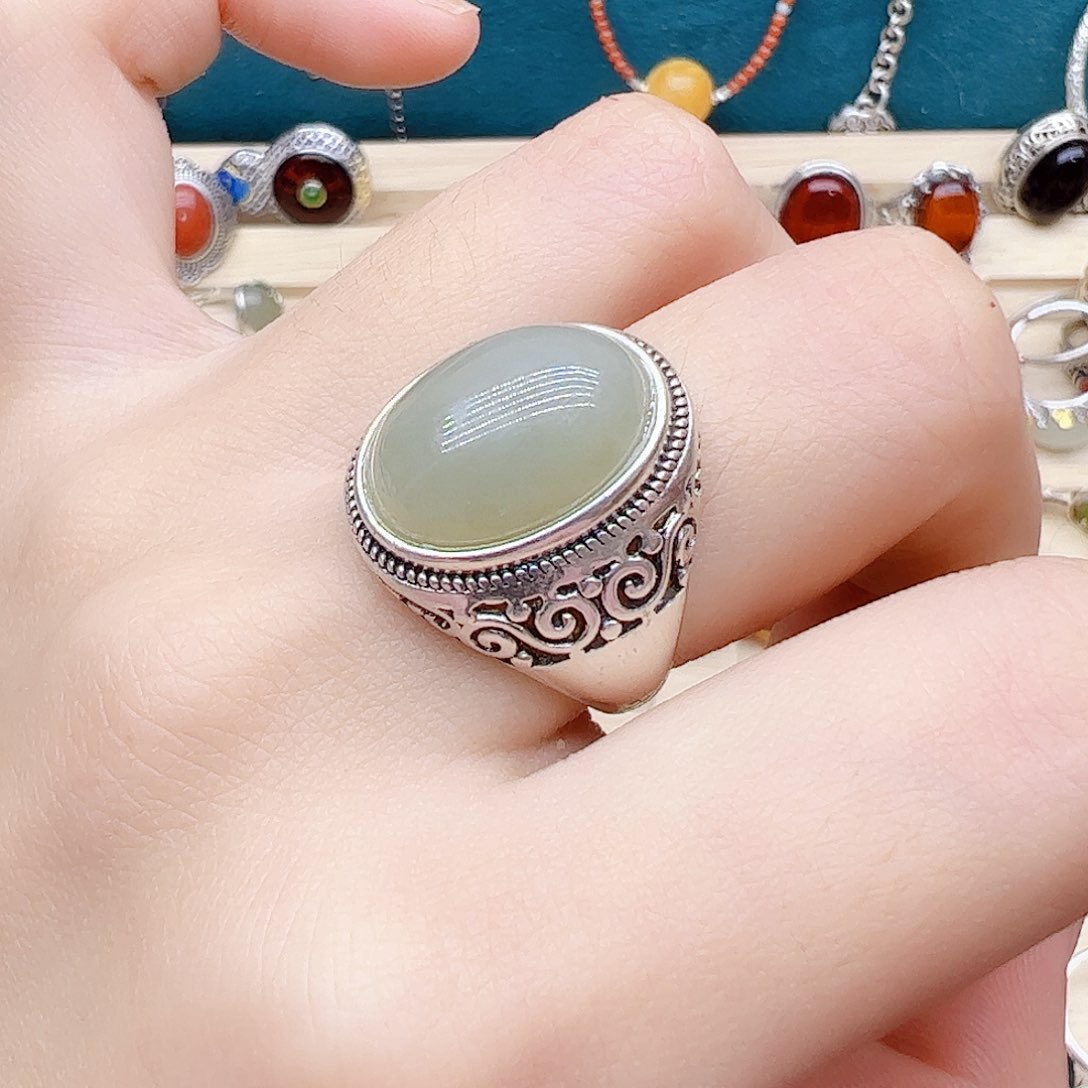 和田玉戒指银S925镶嵌