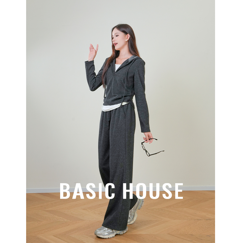 Basic House/百家好休闲风老钱风时尚套装秋冬裤子阔腿裤秋季连帽