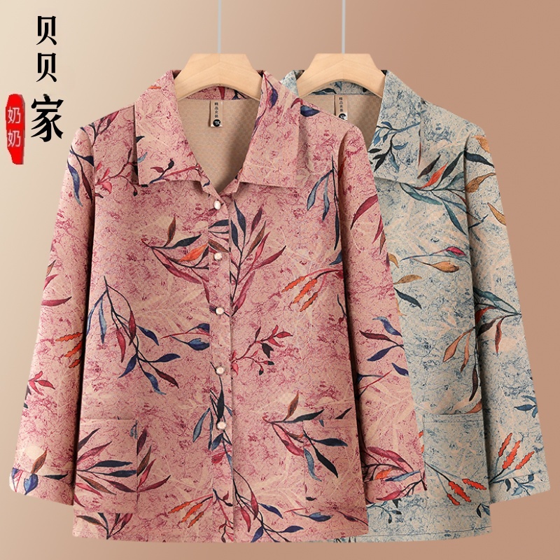 奶奶印花衬衫长袖翻领衣服夏季老年人老太太上衣60岁妈妈秋装衬衫