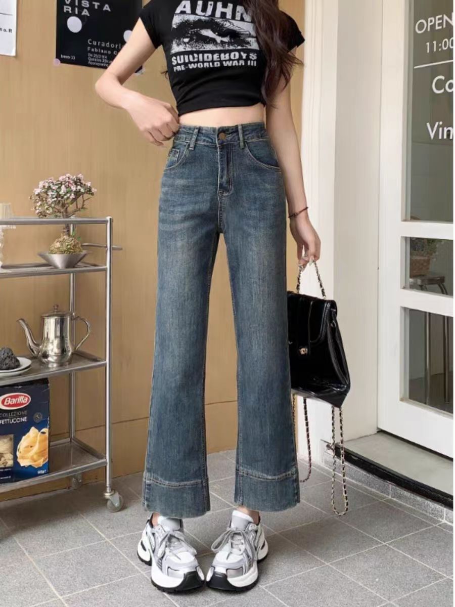 6086九分牛仔裤秋季开叉休闲风秋冬季高腰阔腿裤长裤X