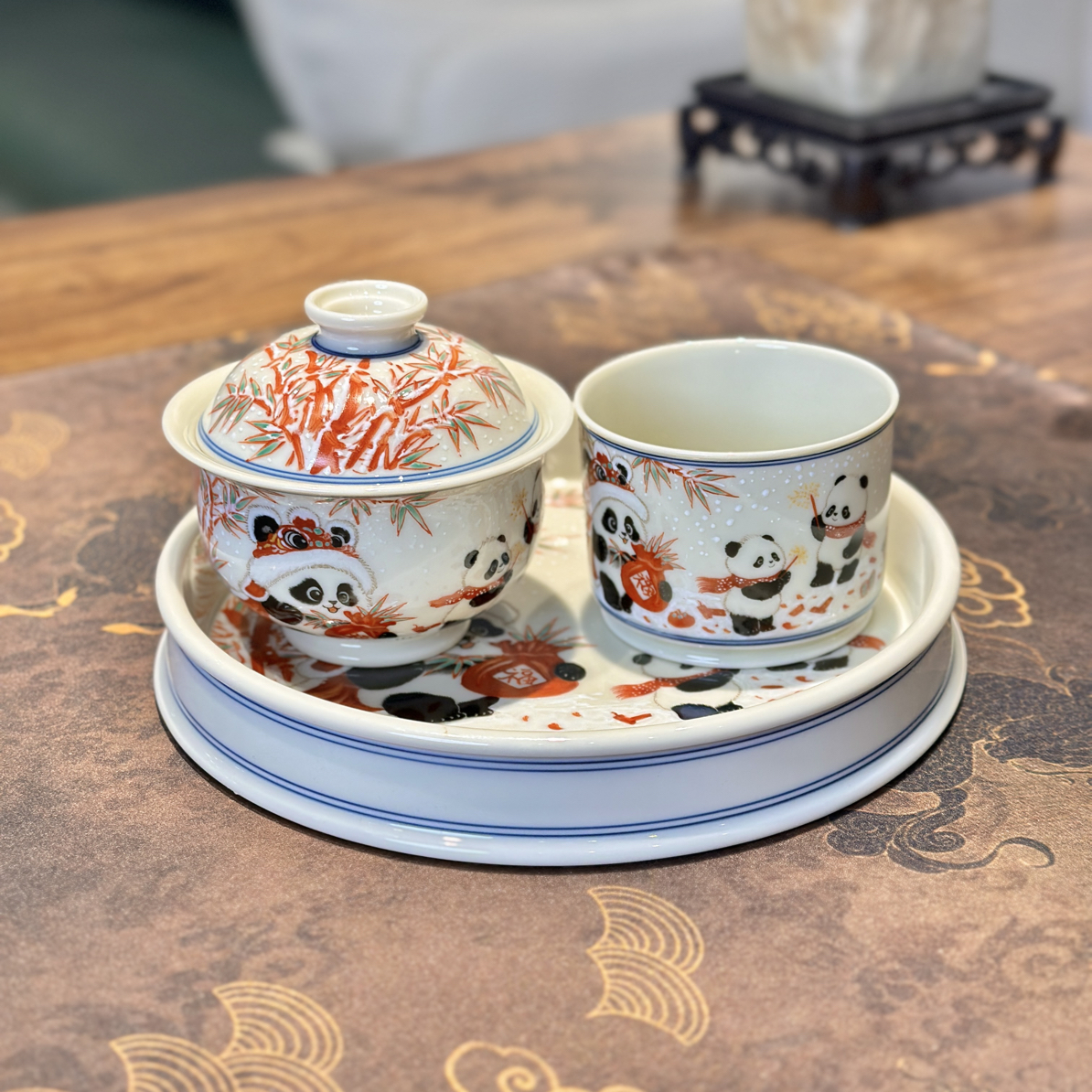 立勤堂手工手绘红绿彩熊猫围炉煮茶高档茶具省大师余毅手作带证书