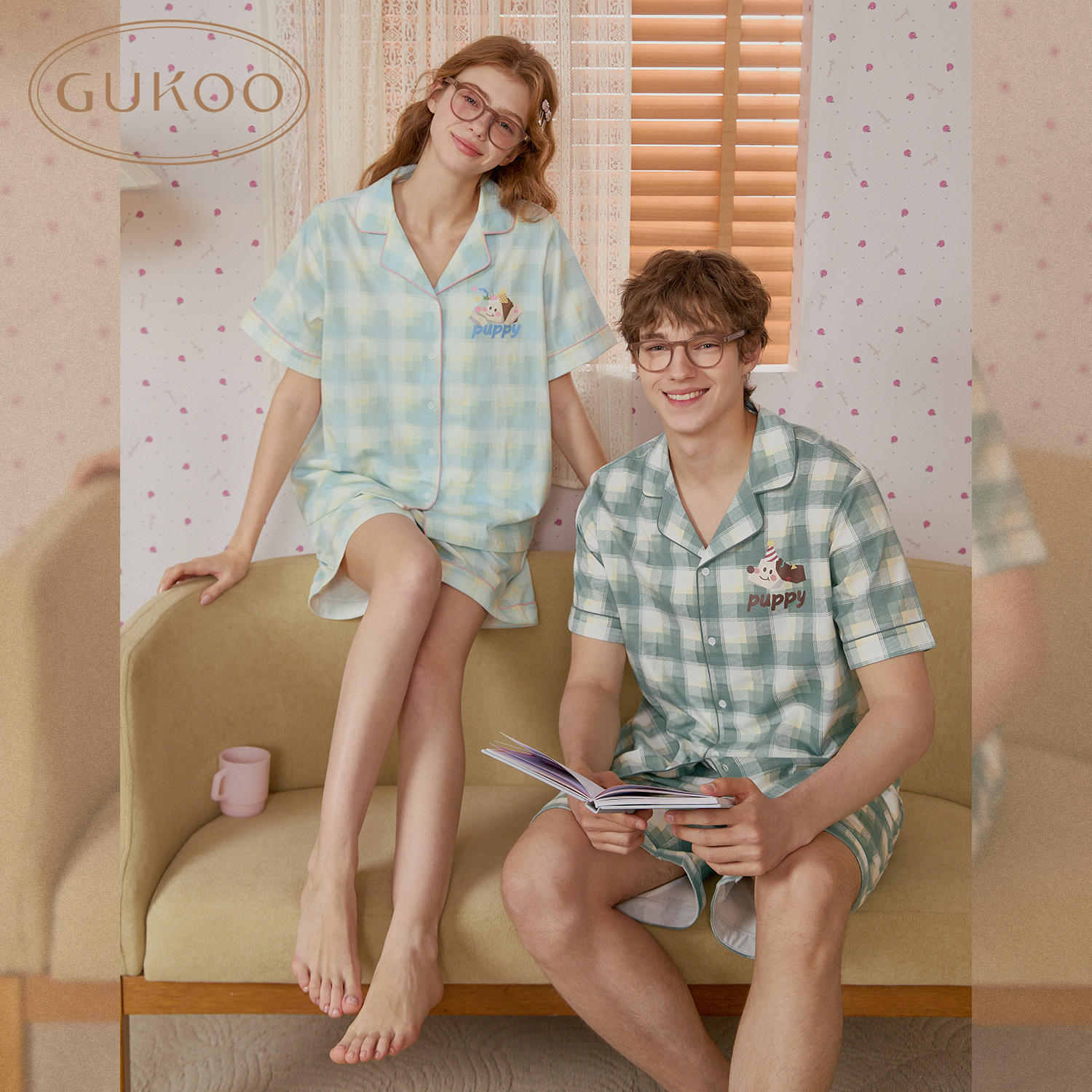 Gukoo/果壳轰轰小狗情侣家居服男女夏季纯棉欧若风绿色系格纹