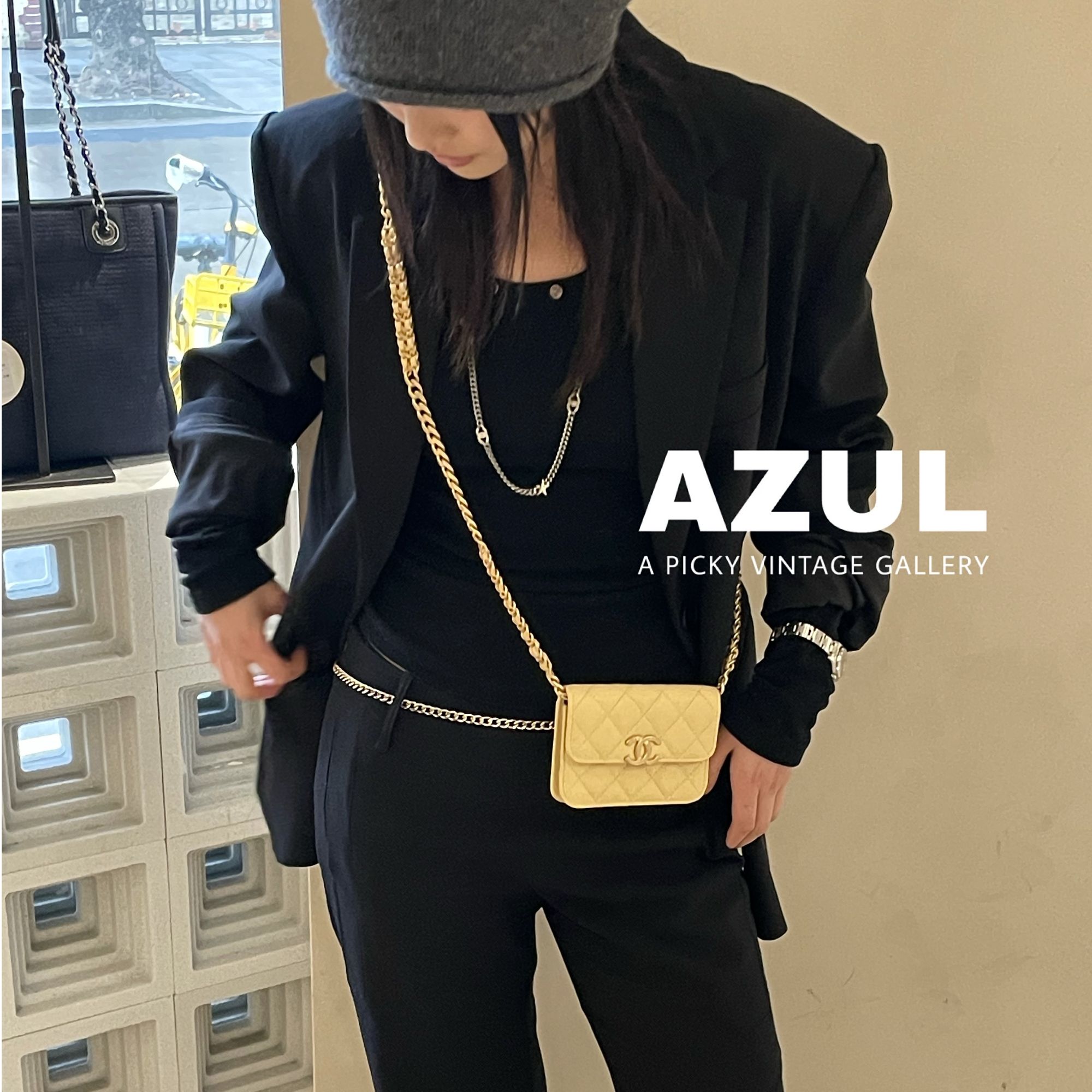 95新 Chanel/香奈儿 Azul-22P小鸡黄荔枝皮mini链条斜挎包39641