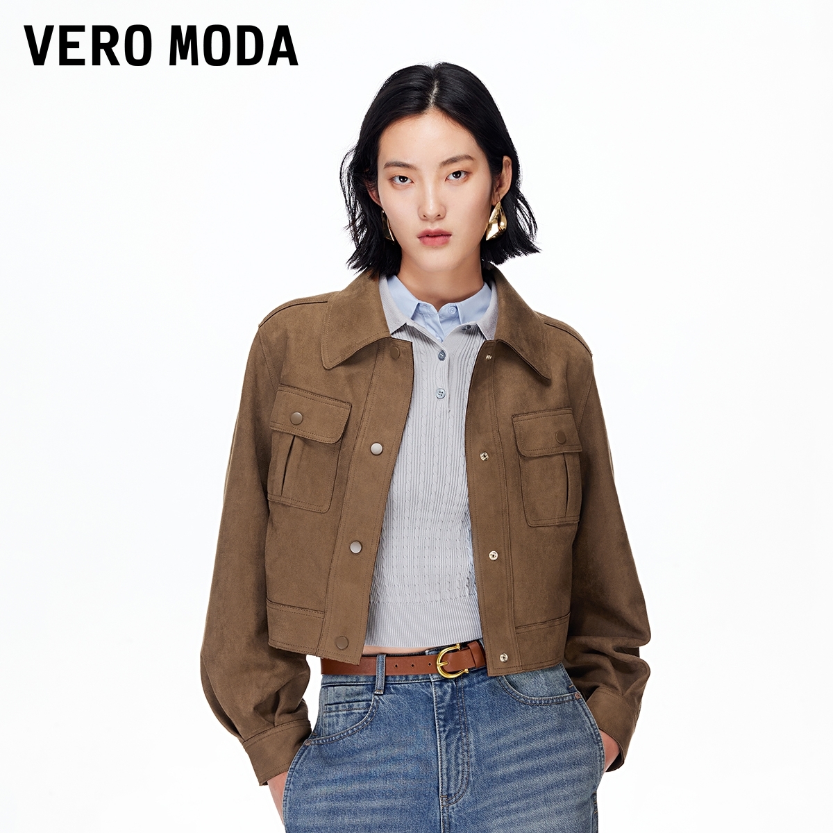 Vero Moda夹克女2025秋季新款翻领按扣复古大气短款外套酷飒高级
