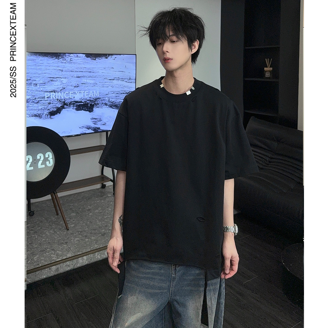 X.T25/FL磨破金属设计感T恤宽松短袖男女同款百搭廓版纯棉