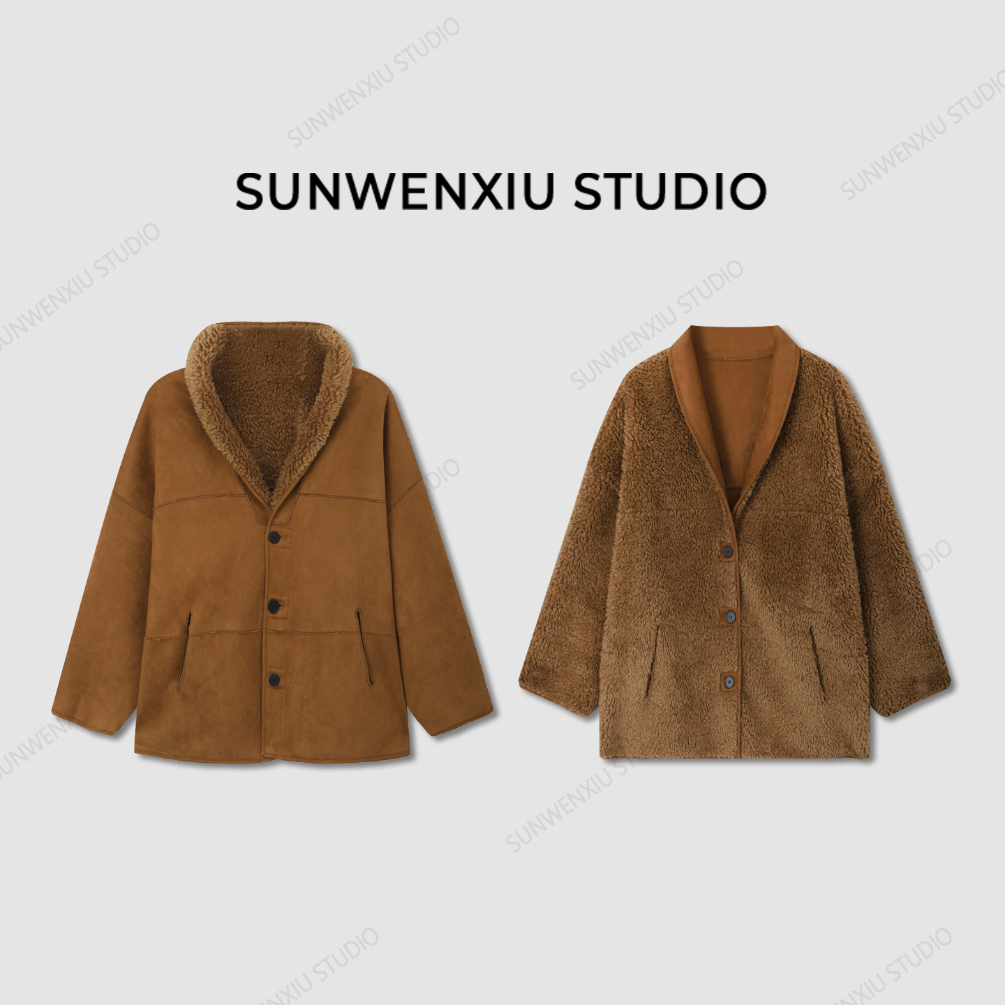 swx studio5店 “布朗熊”韩代款秋冬慵懒松弛两面穿咖色毛毛外套