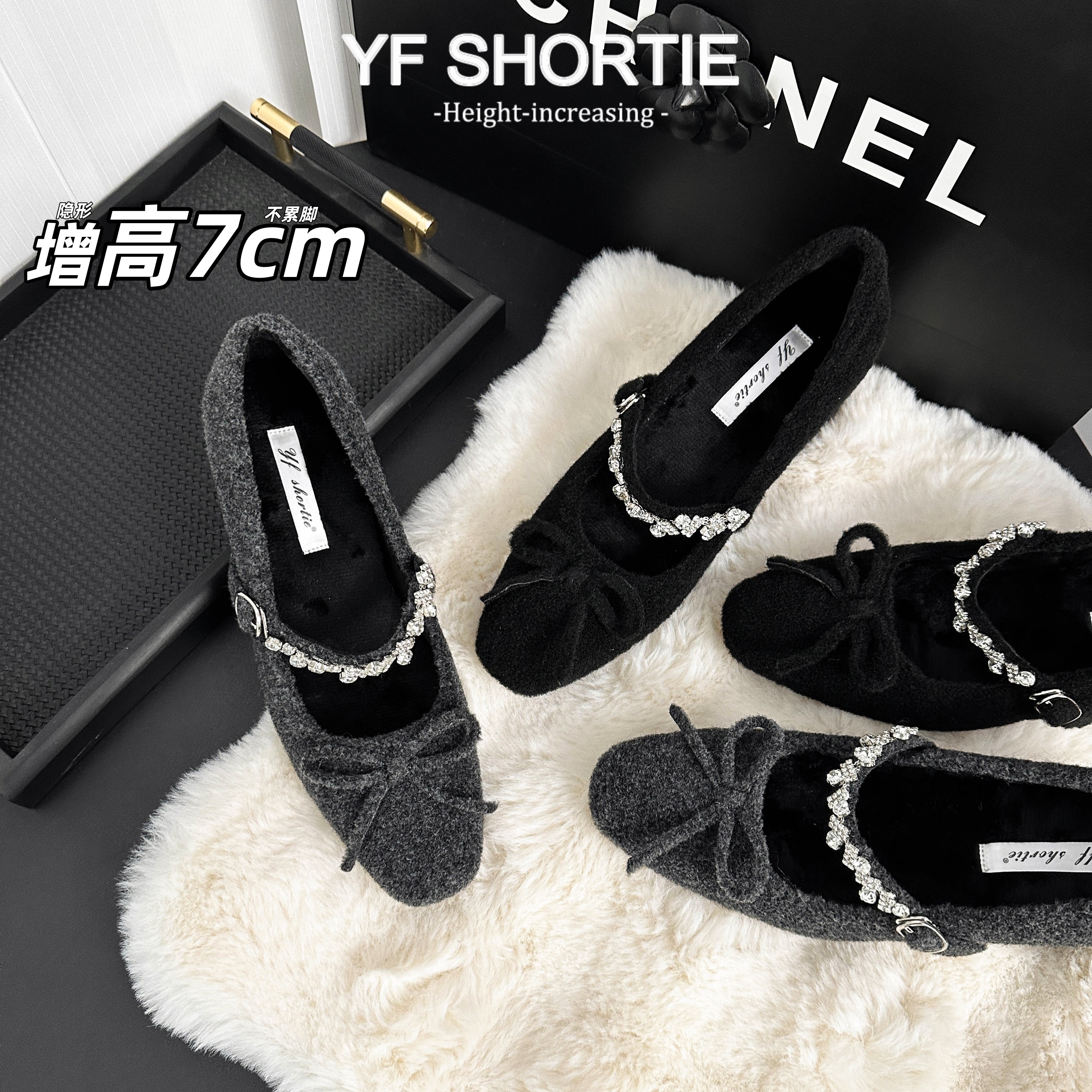 增高7公分水钻一字带保暖毛毛鞋女2025新款复古风蝴蝶结方头单鞋