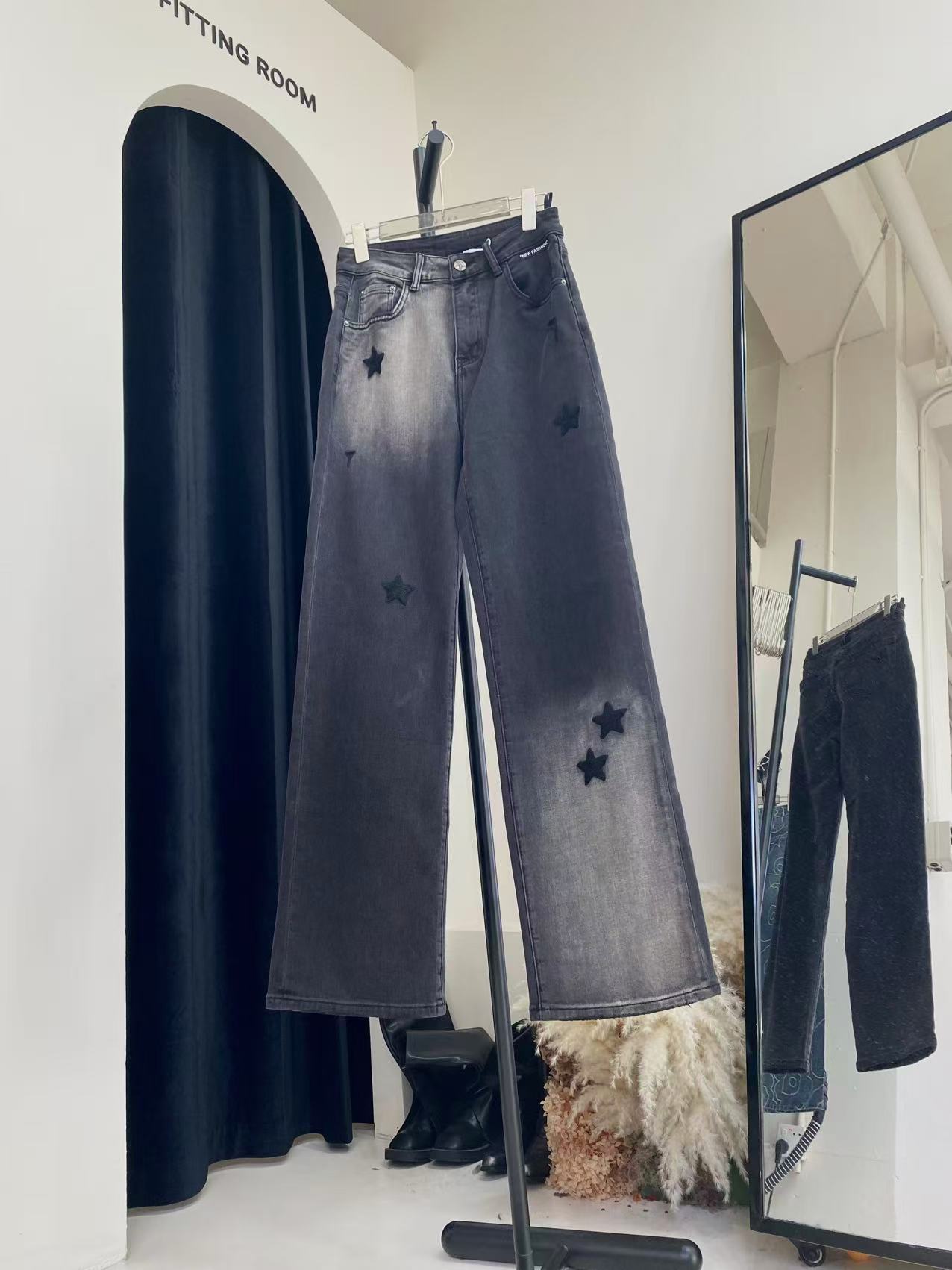 【M。C米尺】五角星偏厚牛仔阔腿裤2341