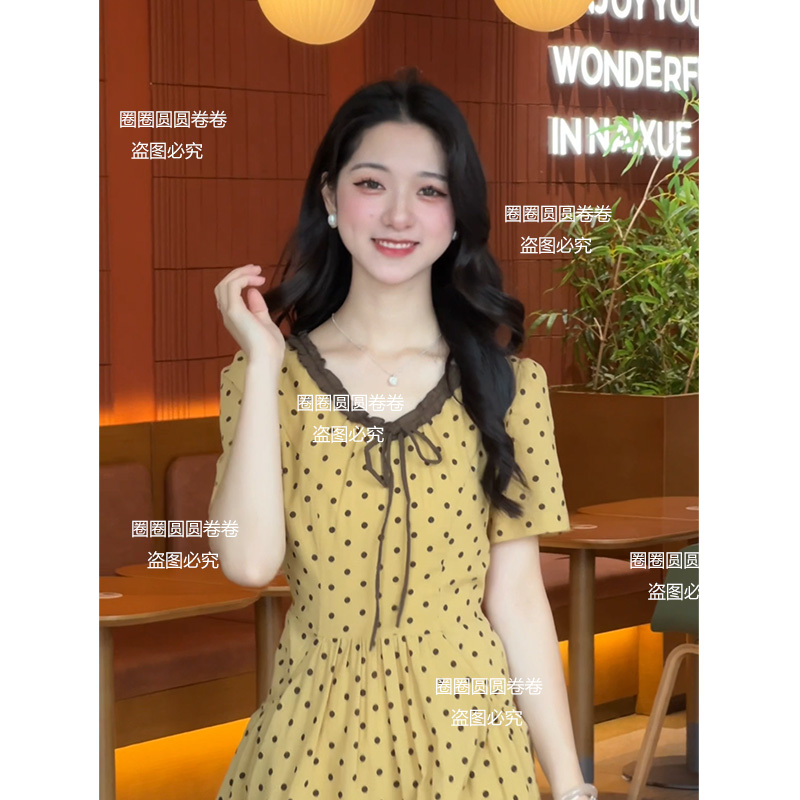 【现货】【卷卷自制】法式绝美波点蝴蝶结系带连衣裙女收腰显瘦气质裙