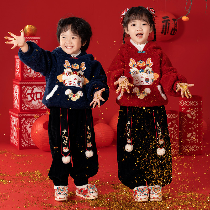 【禧龙】汉服儿童冬装宝宝中国风毛毛加厚上衣男女童拜年服新年装