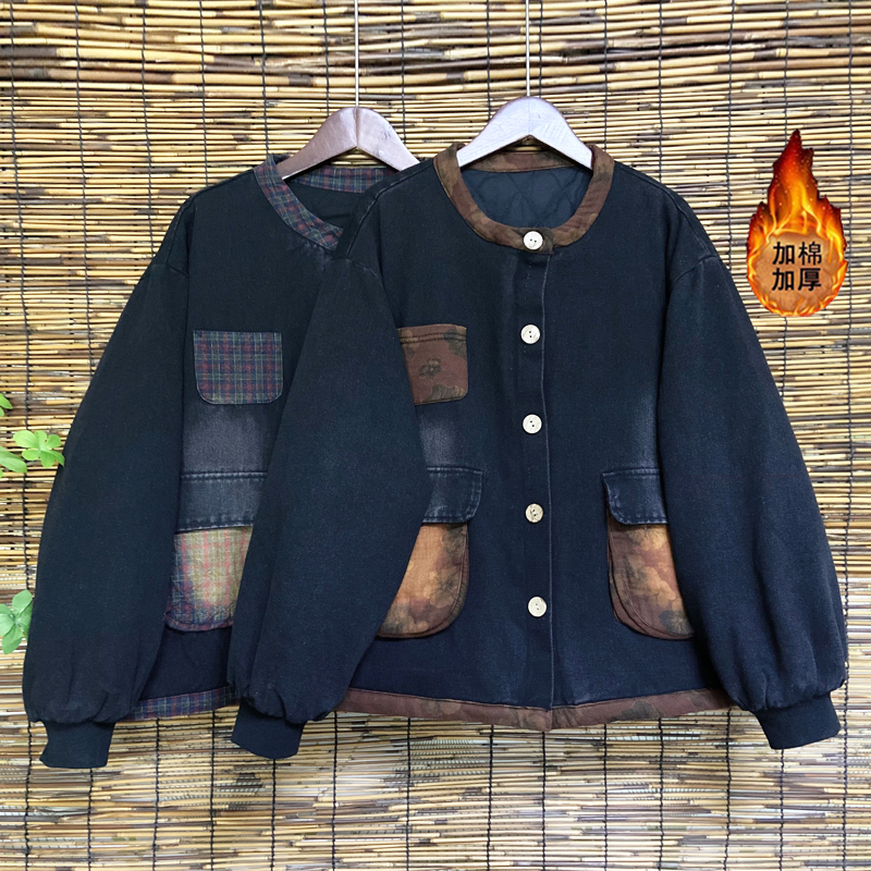 民族风时尚复古拼接加棉加厚牛仔外套女宽松休闲大码棉衣棉服上衣