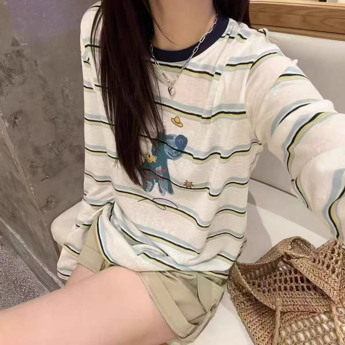5569【芯炫女装】夏季新款卡通小恐龙印花条纹韩系宽松显瘦长