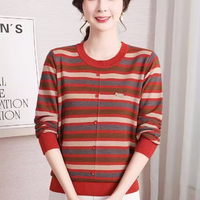 条纹棉线针织打底衫女秋装2025新款春秋季中老年妈妈长袖宽松上衣