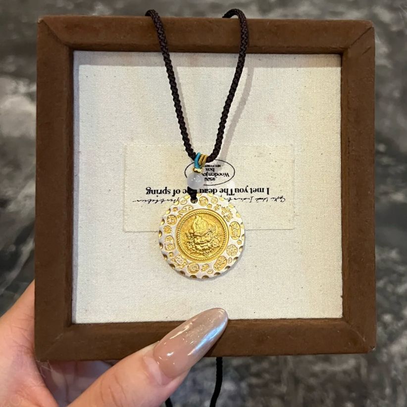 吊坠925银 古法黄米爷吊坠女款新中式国潮民族风吉言描金项链挂件