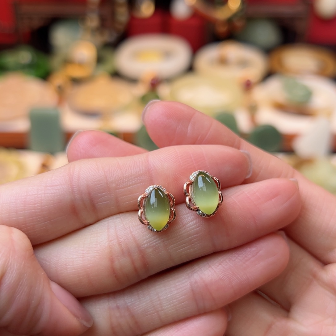 和田玉耳饰银S925镶嵌