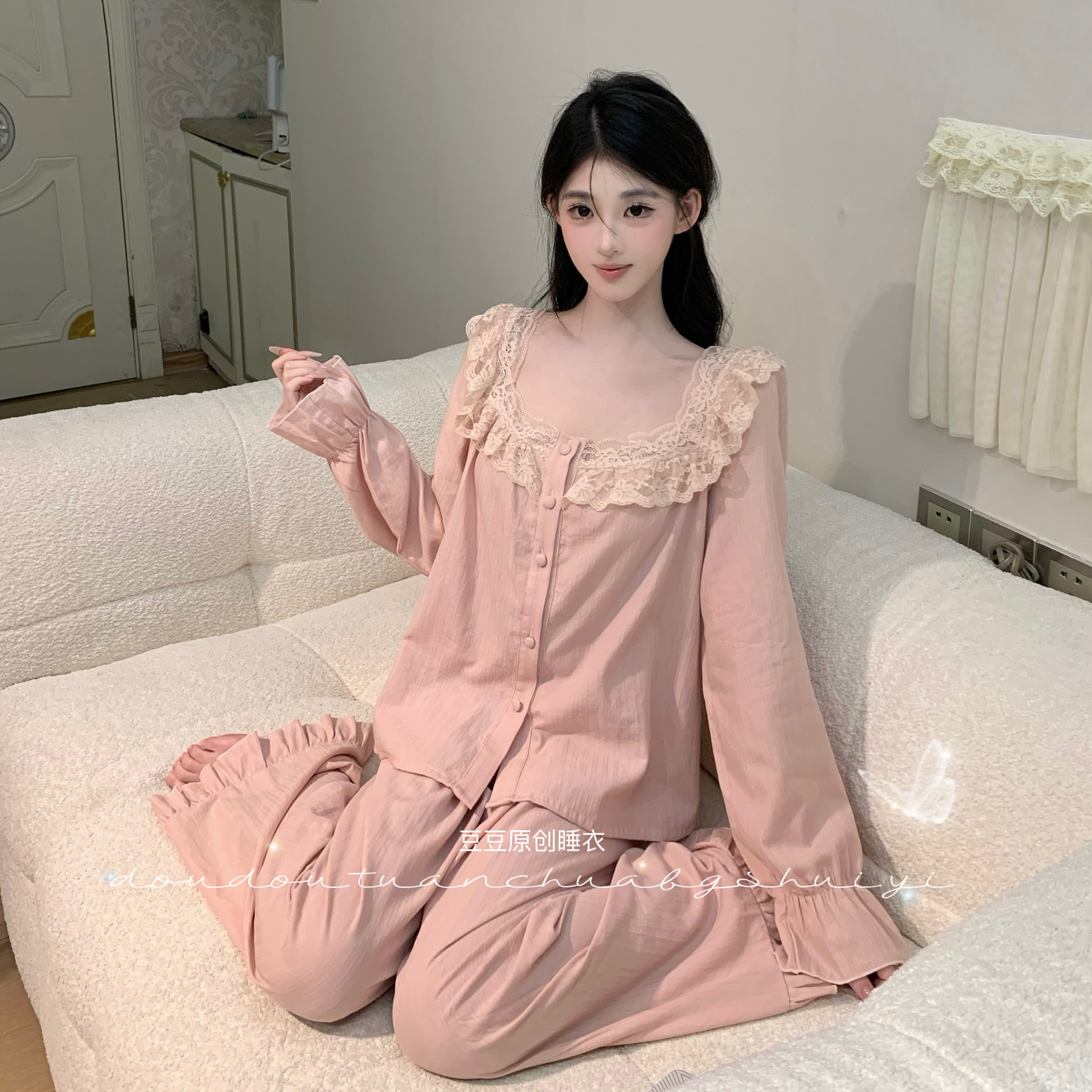 菠萝【桃花洛】长袖长裤纯欲显瘦秋冬季女套装法式睡衣